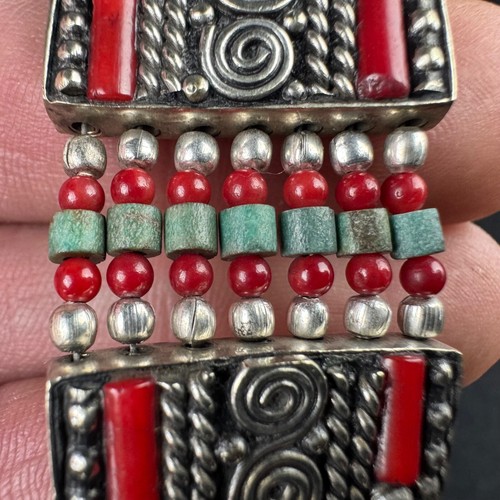 Bracciale vintage argento sterling corallo rosso e pannello turchese 8 pollici - Foto 8 di 14