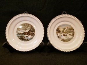 HARKERWARE-USA-CURRIER-AND-IVES-VINTAGE-Plates-Winter-Scenes-SET-OF-2