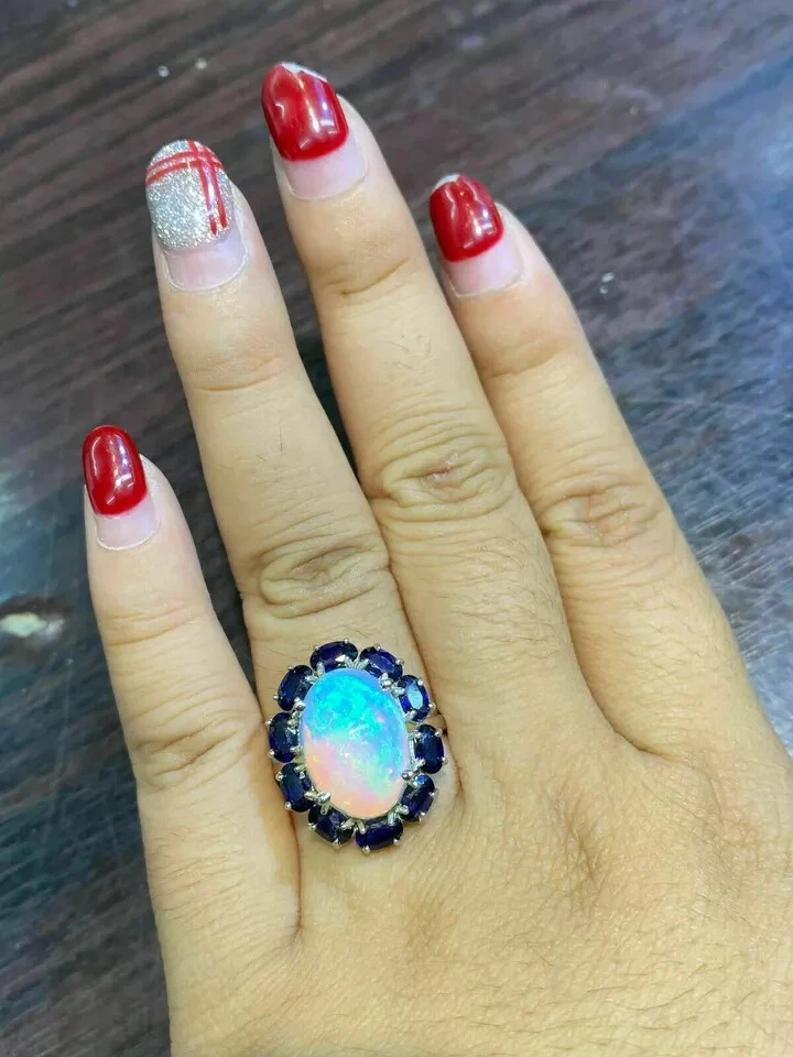 Fire Opal 6Ct Oval Cut Halo Engagement Ring 14K White Gold Plated Silver - Image 4 of 4