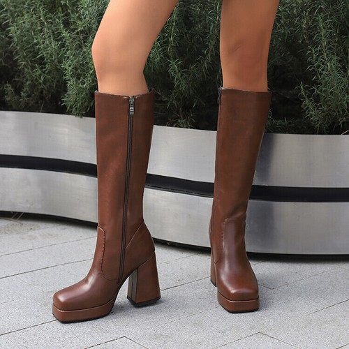 Gogo Damenstiefel Plateau klobiger Blockabsatz seitlicher Reißverschluss eckige Zehenpartie kniehohe Stiefel - Bild 10 von 28