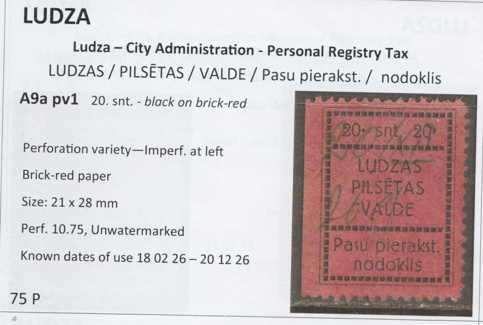 Sello de ingresos locales de Letonia LUDZA I&B cat A9a pv1 20 snt usado 1926 Foto 3 de 3