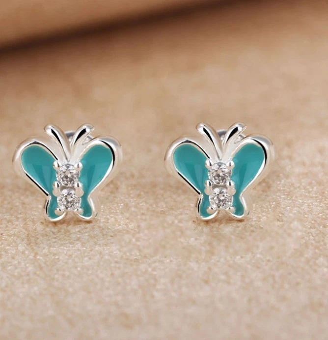 Серебро синий розовый эмаль кубический цирконий 7 мм бабочка Серьги-гвоздики K13A - Изображение 4 из 4