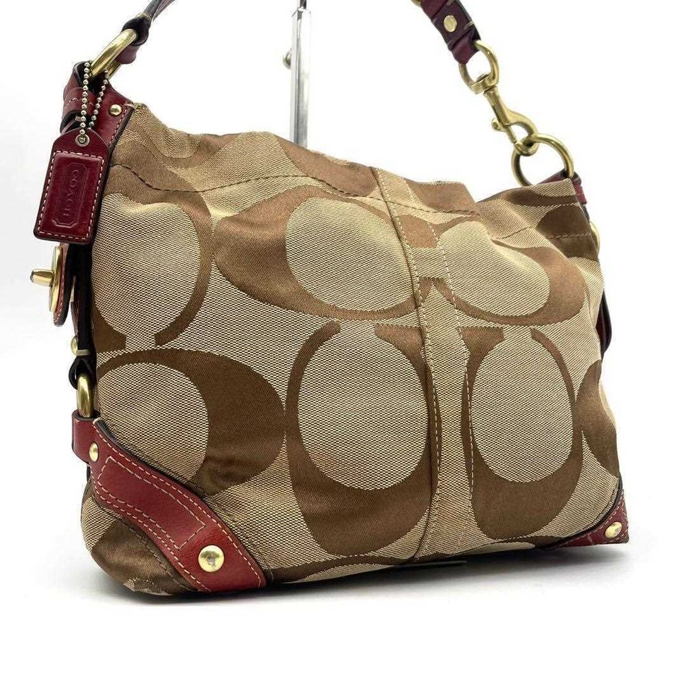 COACH Handbag Signature Nylon Canvas Leather Beige Red Women's USED FROM JAPAN