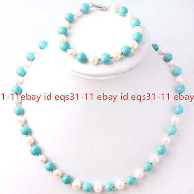 Natural 7-8mm White Freshwater Pearl Turquoise Necklace Bracelet Jewelry Set