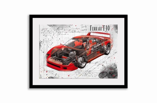 Line Tech Drawing Ferrari F40 Cutaway Art Poster Print - Picture 2 of 3