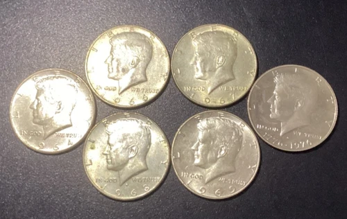 New Listing6 KENNEDY HALF DOLLARS—1 SILVER, 4 SILVER CLAD, 1 PROOF—64,66,67,68-D,69-D,76-S
