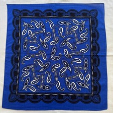 VTG Bandana Blue Cotton Paisley Border Black Ornate Handkerchief Kerchief 20"