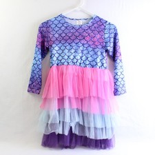 Blue Pink  Purple Mermaid Scale Print Long-Sleeved Tutu Dress Girls' 7-8Y