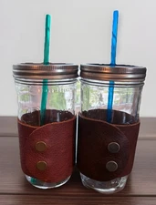 The Mason Jar Company Tumblers ~ Set of 2 ~ W/ Genuine Leather Snap Cuffs 18 Oz