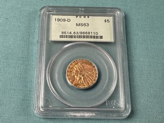 1909 D US 5 Dollar Half Eagle Gold Uncirculated Coin $5 Indian MS63 PCGS OGH