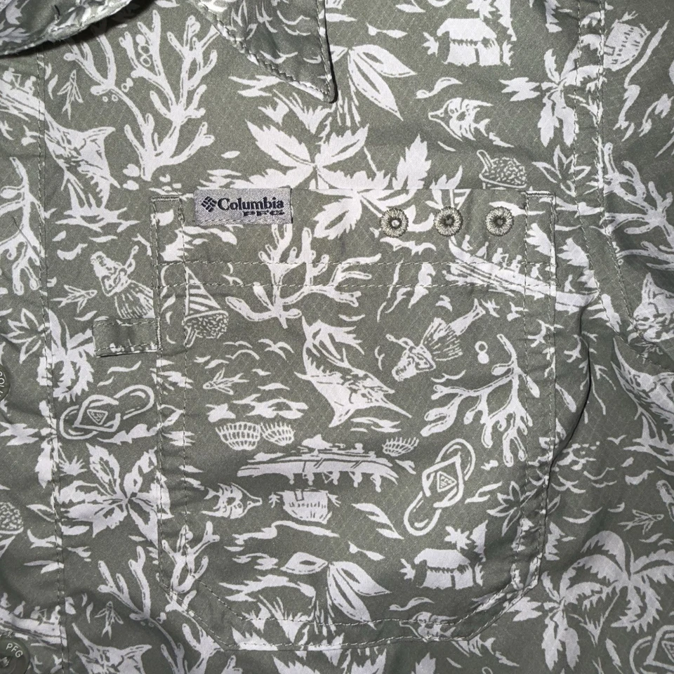 Camisa Columbia PFG Niños L 14-16 Ventilada Tropical Abotonada Verde Oliva Foto 2 de 4