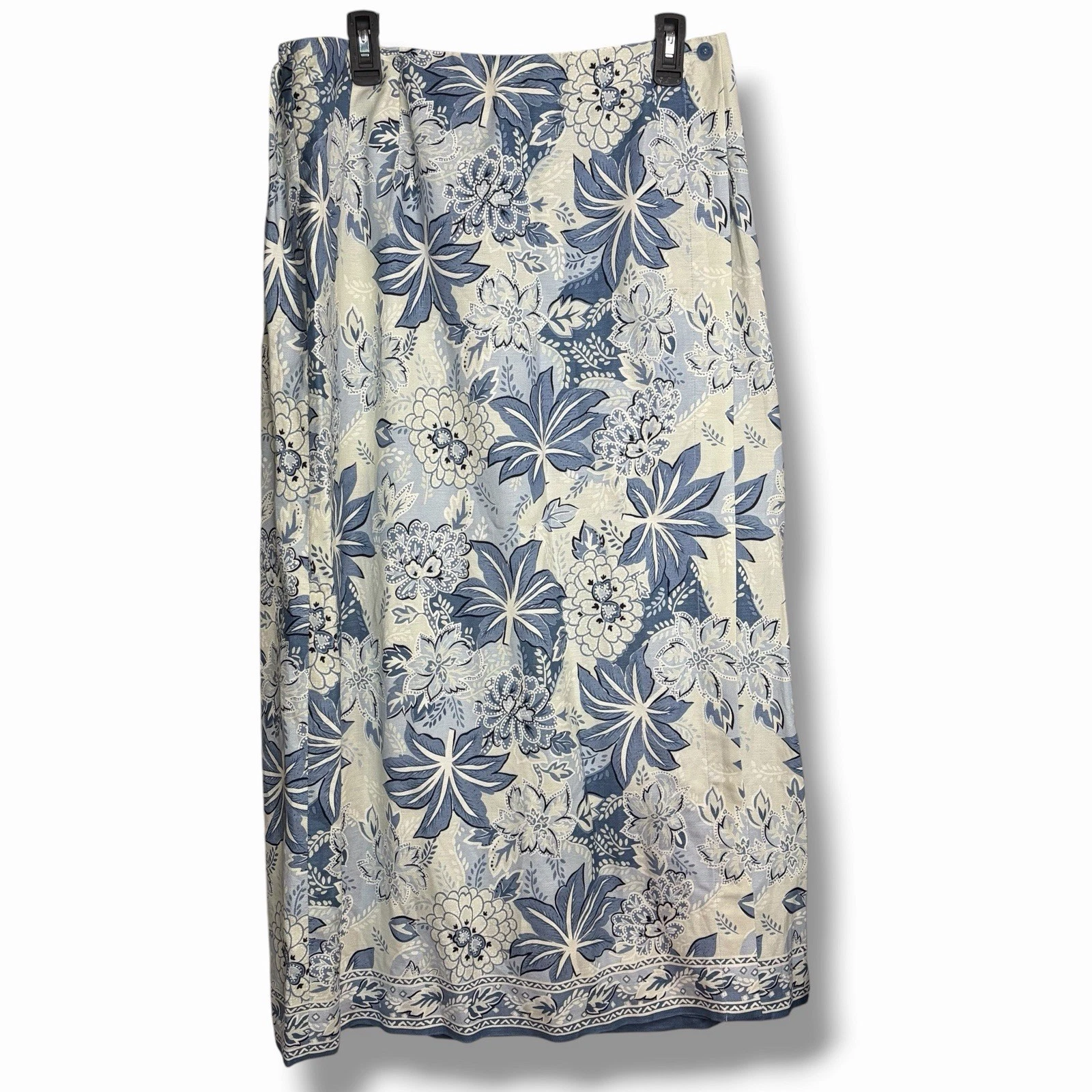 Talbots Womens Linen Blend Wrap Skirt Sz 14 Blue Hawaiian Floral Resort Cruise