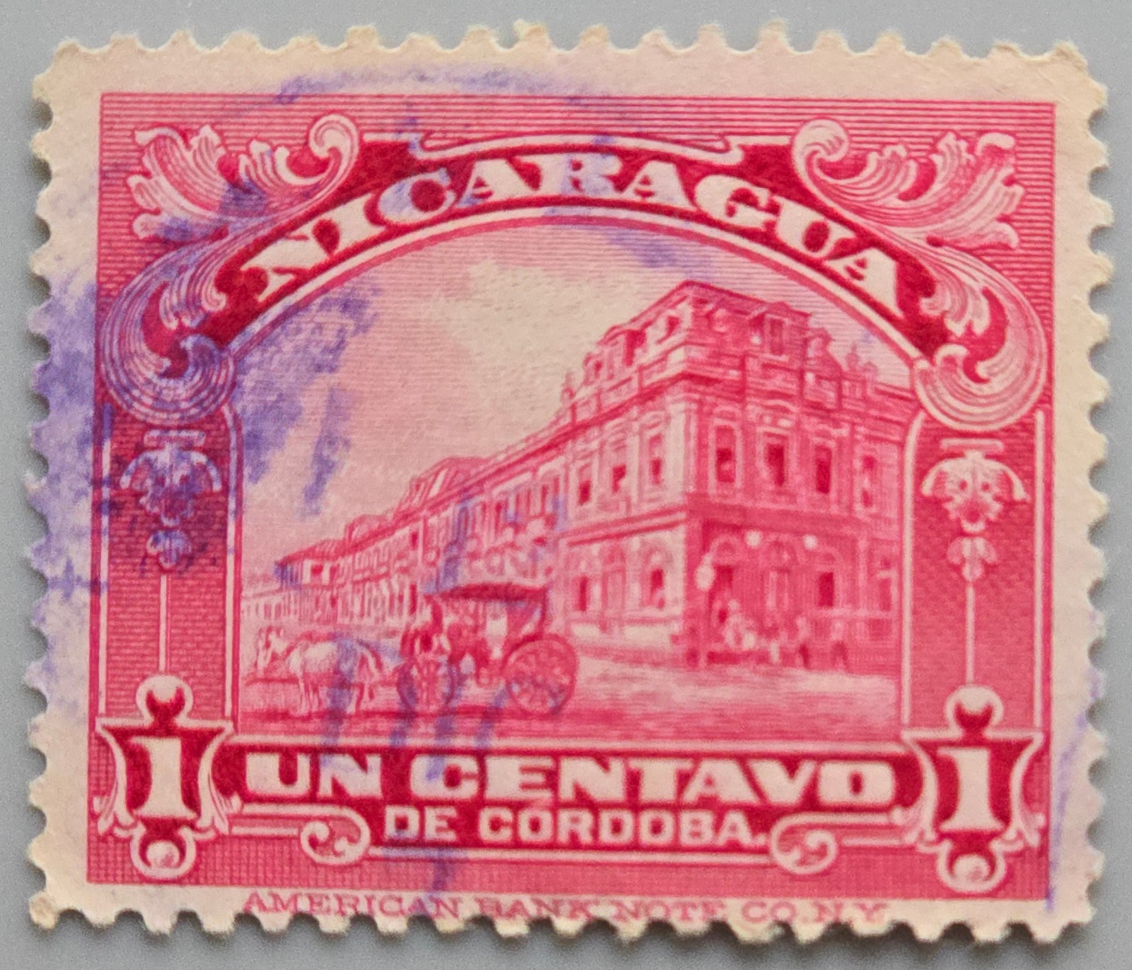 Nicaragua 1 Centavo Cordoba Building Used Stamp American Bank Note Co