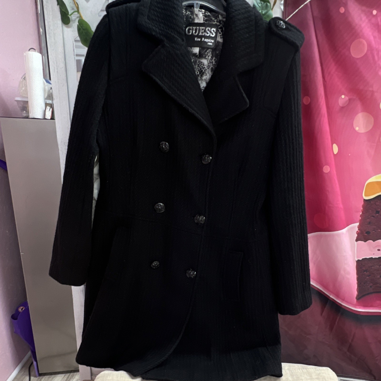 GUESS Black Double-Breasted Collared Lined Epaule… - image 1