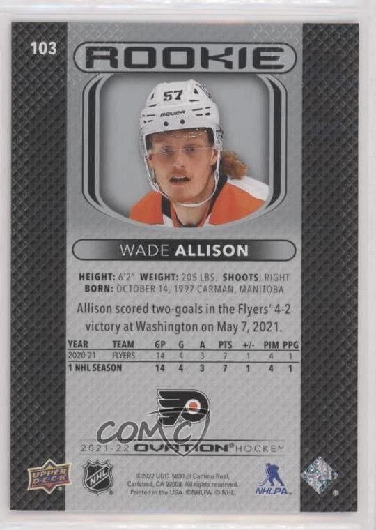 2021-22 Upper Deck Ovation Rookies Standing /500 Wade Allison #103 Rookie RC - Image 2 of 2