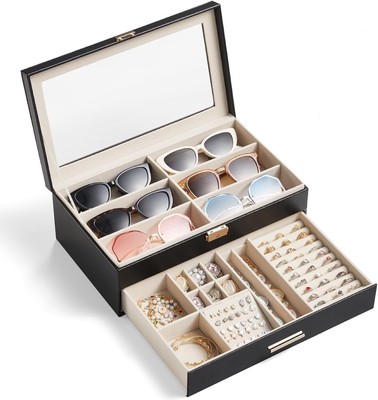 Lifewit 2-layer Jewelry Box for 6 Slots Sunglasses Organizer, Chic Black 