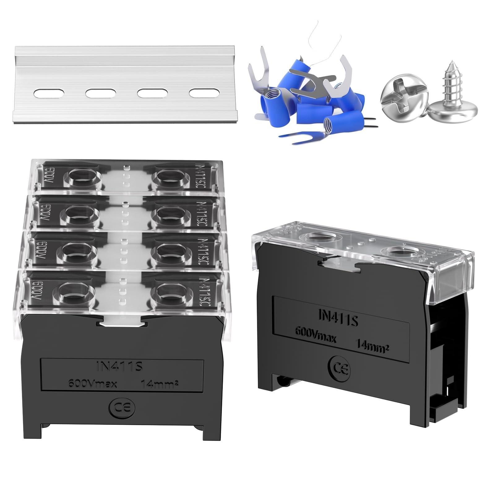 4Pcs DIN Rail Terminal Blocks with Cover, IN-411S 600V 60A Electrical Connect...