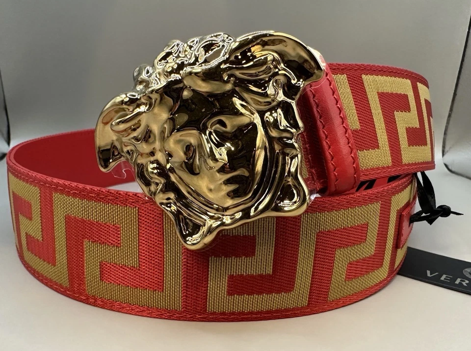 Auténtico cinturón de tela y cuero Versace La Medusa Greca rojo/dorado para hombre talla 85/34 Foto 3 de 4