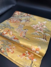 Japanese Fukuro Obi with Imperial Court Scene and Floral Motifs Made in Japan