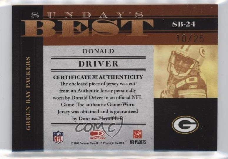 Donruss Classics Sunday's Best Jerseys Prime 2008/25 Donald Driver #SB-24 Foto 2 de 2