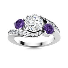 925 Sterling Silver 5MM Round White Topaz  Tanzanite Three Stone Women Ring