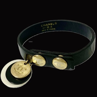 CHANEL Bracelet Bangle AUTH Coco Gold Logo kenkenjp Button leather black Medal
