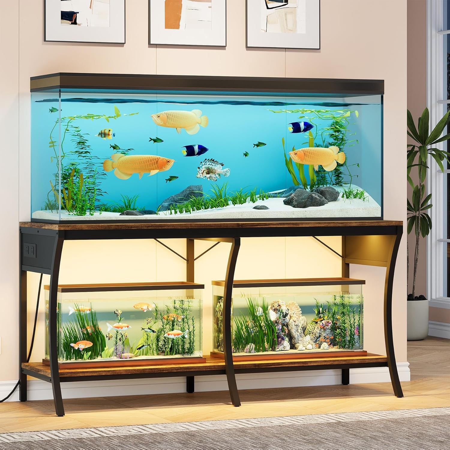 55-90 Gallon 2-Tier Aquarium Stand with Built-In LED Lighting