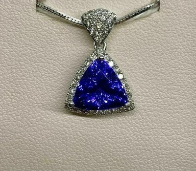 Lab Created Blue Tanzanite 2.Ctw Trillion Cut Halo Pendant 14k White Gold Plated