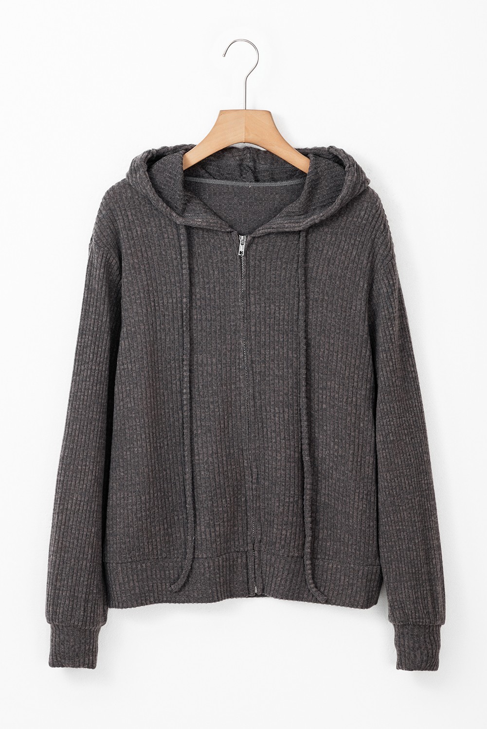 Dark Grey Ribbed Hoodie S Zip Up Front Drawstring Jacket Lounge Top UK Size 8 image 5