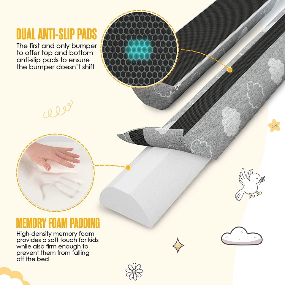 2 rieles de cama Sleepah para niños pequeños protección de parachoques de cama de espuma viscoelástica con doble almohadilla antideslizante Foto 2 de 4