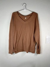 Anrabess Women’s Brown Ribbed V-Neck Sweater Size Large Oversized Casual Knit