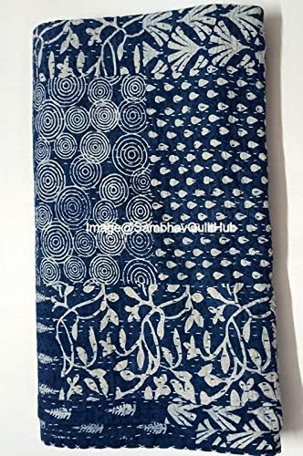 Queen/Twin/King Multi Indigo Blue Cotton Kantha Quilt Handmade Indian Bedspread - Picture 3 of 5