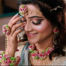 Women fashion flower  earrings tika bracelets necklace haldi mehandi babyshower