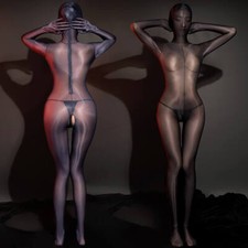 Damen Glänzend Body Overall Transparent Bodysuit Schritt offen Catsuit mit Maske