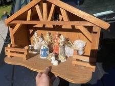 Big 8-piece Ceramic Christmas Nativity Set  Wood Manger W Light