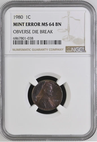 1980 Lincoln Cent NGC MS64BN CUD Obverse Die Break Toned Coin 1C Mint Error