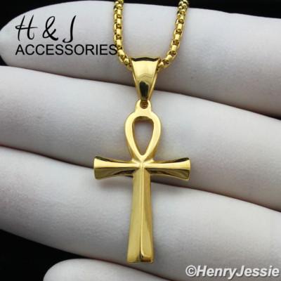 16''-30''MEN Stainless Steel 2mm Gold Plated Box Chain Ankh Cross Pendant*AGP112