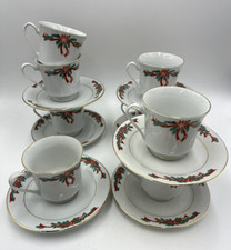 Set of 7- Christmas Poinsettia  Ribbons Fine China Coffee Tea Cup  Saucer