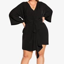 CITY CHIC Womens Size 18 M Whirlpool Short Dress Black Kimono Sleeves Faux Wrap