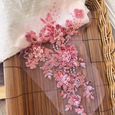 Pink Sequin Applique Embroidered 3D Flowers For Dance Costume