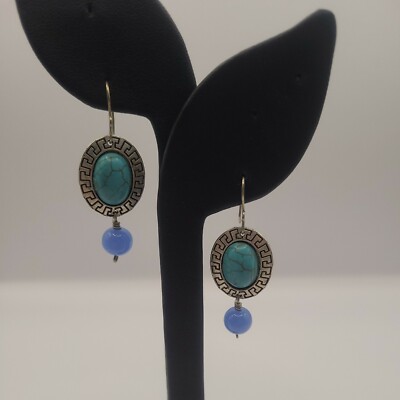 Oval Silver Turquoise Embossed Vintage Earrings Hook Fasten Drop Dangle ...