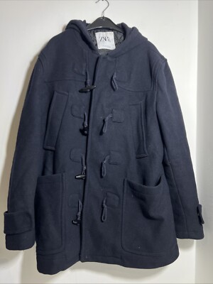 Zara Man Duffle Coat Jacket Mens Wool Blend Navy Medium Hooded UK