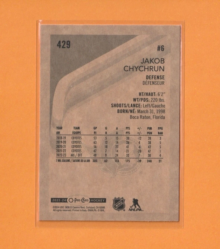 2023-24 O-Pee-Chee Hockey JAKOB CHYCHRUN Retro #429 Ottawa Senators - Image 2 of 2