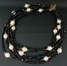 7 Strands natural faceted round Black Spinel White freshwater Pearl Necklace