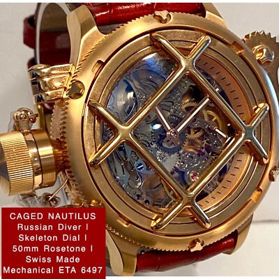 50mm CAGED Swiss ETA 6497 Skeleton Mechanical Rosetn RUSSIAN DIVER