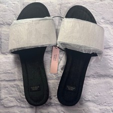 Victoria's Secret White Black Slipper's Slip On Shiny New With Tags Small 5-6