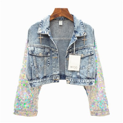 sequin sleeve jean jacket