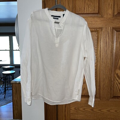 Perry Ellis Cream White Long Sleeve Linen Blend Blouse Sz XL EUC