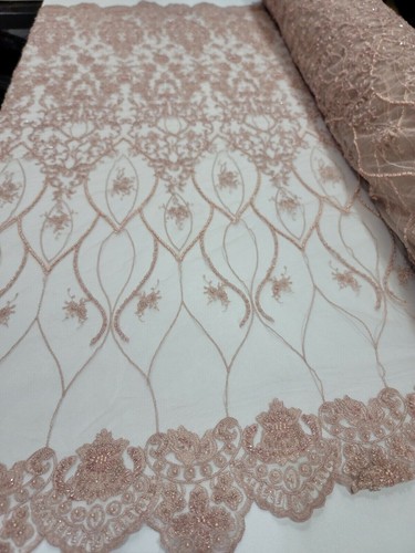 Blush Beaded Lace Fabric by the Yard - Embroidered Floral Flowers with Sequins, - Picture 6 of 9