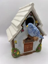 Summer Living Ceramic Welcome Floral Birdhouse Blue Finch Bird Mint